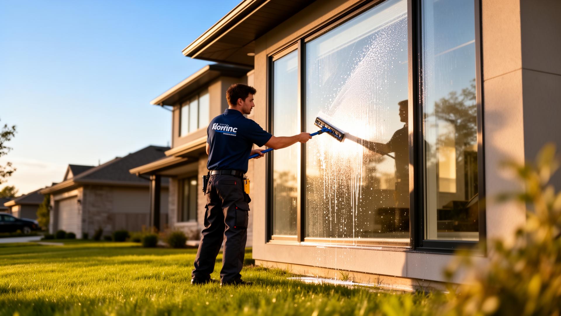 Resolute Window Cleaning professional washing exterior windows of an Omaha home
